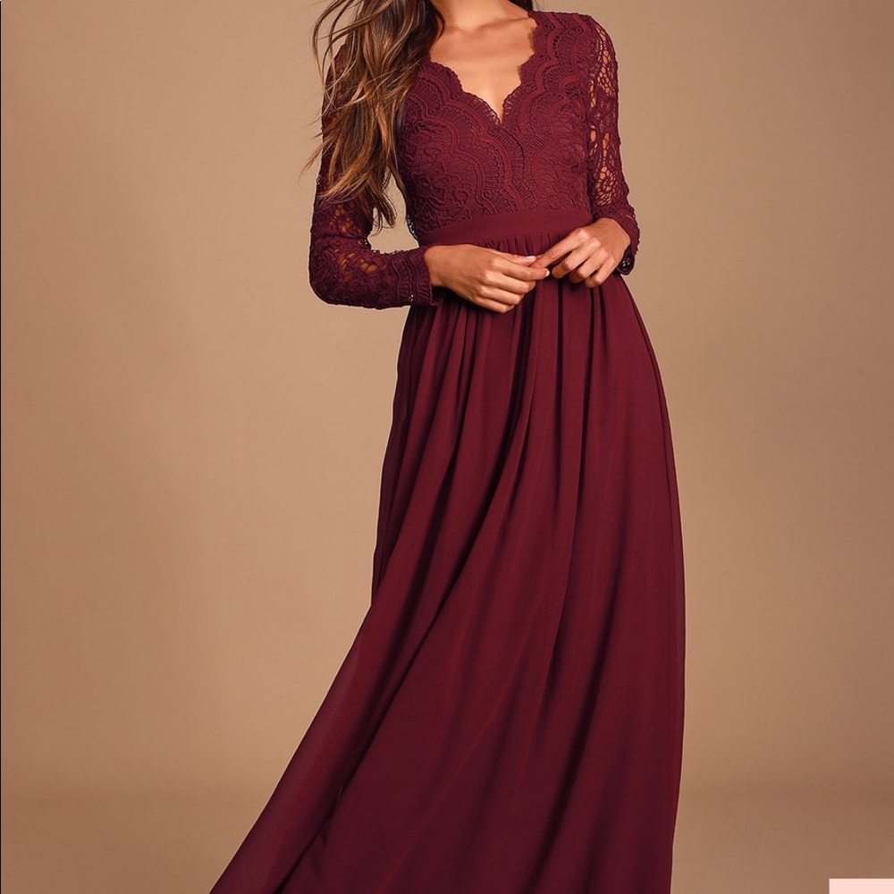 Awaken My Love Burgundy Long Sleeve Lace Maxi